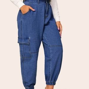 Plus Size High Waisted Dark Wash Cargo Jeans